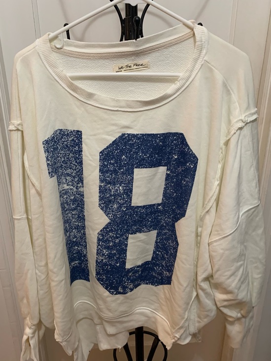We The Free Tops - We The Free Cream Sweatshirt with Distressed Blue '18' Graphic Size Medium
